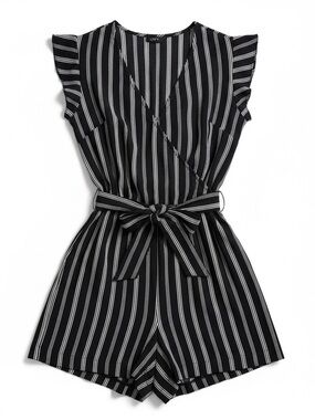 LOFT Black and White Striped Wrap Romper with Tie Belt